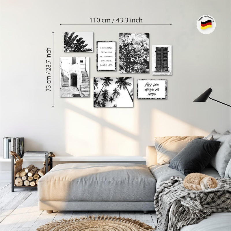 Novart Wandbilder Alte Stadt Palmen - KOMPLETT AUFHÄNGFERTIG - Schwarz Weiss Wohnzimmer Schlafzimmer - 7 Moderne Mood-Bilder - N015071a