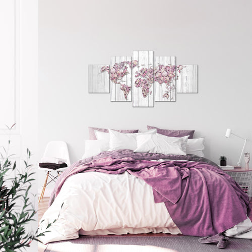 Runa Art Bild Wohnzimmer Schlafzimmer Weltkarte Blumen 5 Teilig Vintage Grau Rosa Wandbilder auf Vlies Leinwand 023253b