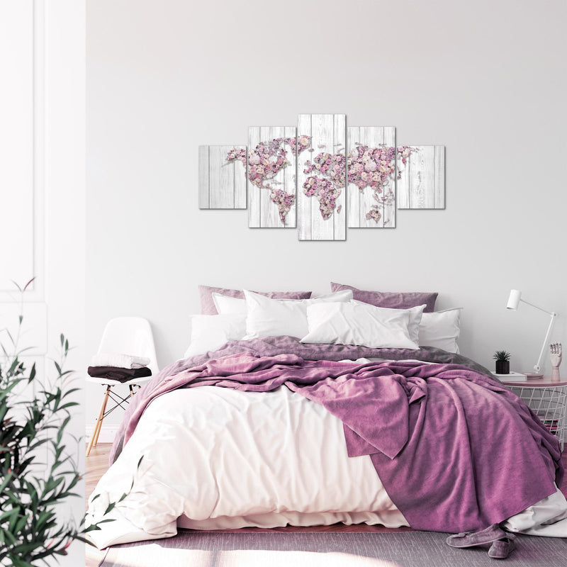 Runa Art Bild Wohnzimmer Schlafzimmer Weltkarte Blumen 5 Teilig Vintage Grau Rosa Wandbilder auf Vlies Leinwand 023253b