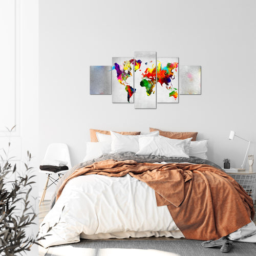 Runa Art Bild Büro Wohnzimmer Weltkarte 5 Teilig Kontinente Beton Bunt Wandbilder auf Vlies Leinwand 108853a