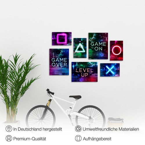 Novart Wandbilder Spielkonsole Gamer - KOMPLETT AUFHÄNGFERTIG - Bunt Kinderzimmer Junge Teenager - 7 Moderne Mood-Bilder - N021371a