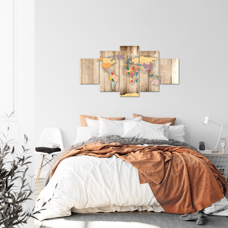 Runa Art Bild Büro Wohnzimmer Weltkarte Holz 5 Teilig Kontinente Biege Wandbilder auf Vlies Leinwand 108753a
