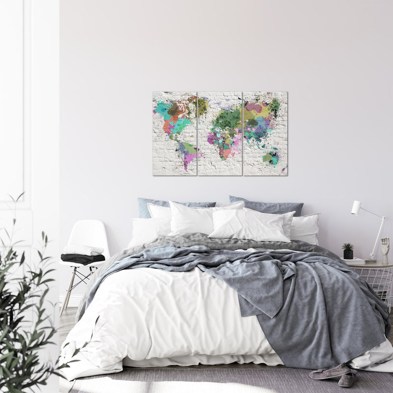 Runa Art Wandbilder Weltkarte Bild XXL Büro Wohnzimmer Bunt Ziegelwand 120 x 80 cm 3 Teilig 107531c