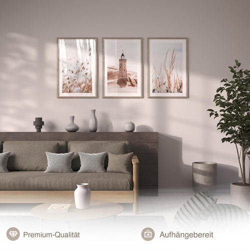 Novart Wandbilder mit Rahmen Lichtturm Boho Meer - Wohnzimmer Schlafzimmer Flur Wanddeko - 3 Bilder Set Beige - N134936aR1