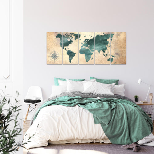 Runa Art Wandbild XXL Weltkarte Büro Wohnzimmer 200 x 80 cm Grün braun 5 Teilig - Made in Germany - 026055a