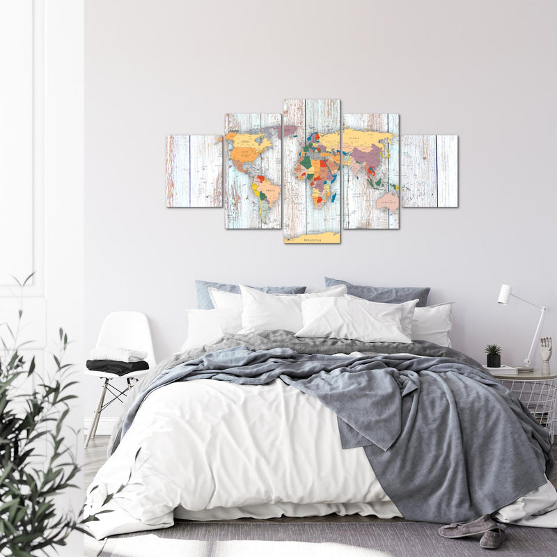 Runa Art - Bilder Weltkarte Holz 200 x 100 cm 5 Teilig XXL Wanddekoration Design Weiss 108751b