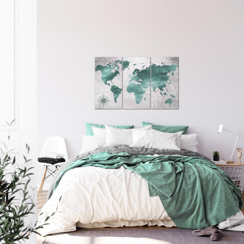 Runa Art Wandbilder Weltkarte Bild XXL Büro Wohnzimmer Grün Grau Vintage 120 x 80 cm 3 Teilig 026031c