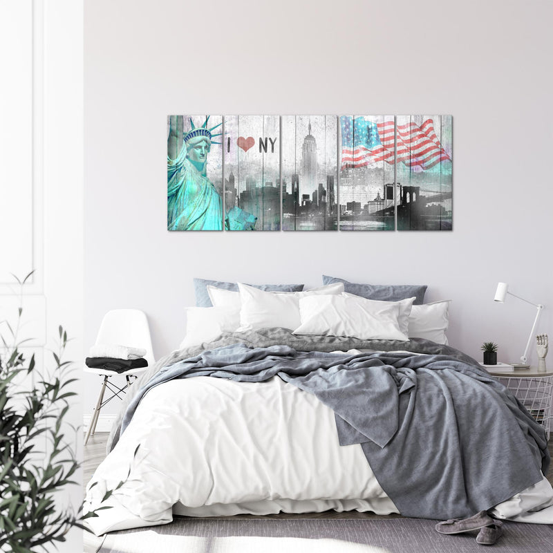 Runa Art Wandbild XXL New York City Wohnzimmer Büro 200 x 80 cm Grau Türkis 5 Teilig - Made in Germany - 034255a