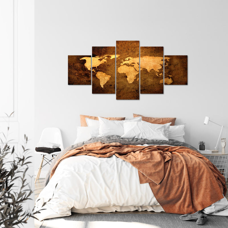 Runa Art - Bilder Weltkarte 200 x 100 cm 5 Teilig XXL Wanddekoration Design Gold 101751a