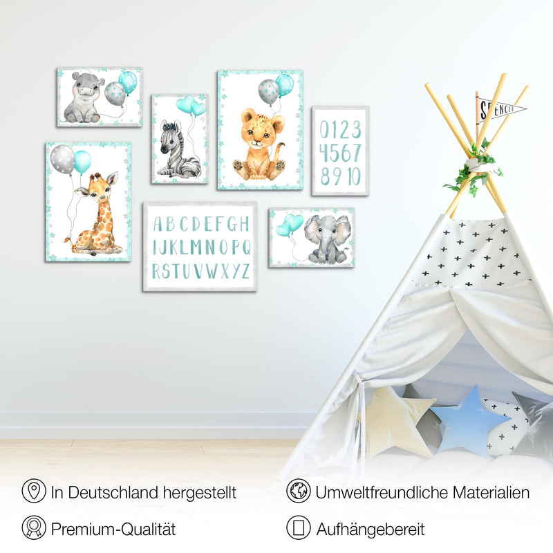 Novart Wandbilder Tiere - KOMPLETT AUFHÄNGFERTIG - Afrika Blau Kinderzimmer Mädchen Junge - 7 Moderne Mood-Bilder - N016671b