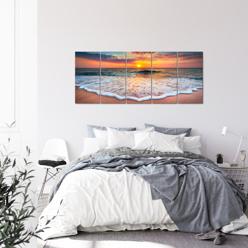 Runa Art Wandbild XXL Strand Meer Wohnzimmer Schlafzimmer 200 x 80 cm Orange 5 Teilig - Made in Germany - 044555a