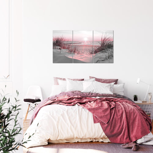 Runa Art Wandbilder Strand Sonnenuntergang Bild XXL Schlafzimmer Wohnzimmer Rosa Grau Meer Natur 120 x 80 cm 3 Teilig 041731b