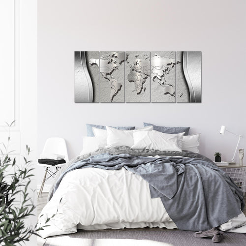 Runa Art Wandbild XXL Weltkarte Büro Wohnzimmer 200 x 80 cm Grau 5 Teilig - Made in Germany - 107255c