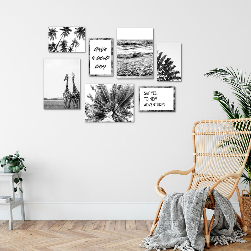 Novart Wandbilder Afrika Giraffen - KOMPLETT AUFHÄNGFERTIG - Palmen Wohnzimmer Schlafzimmer - 7 Moderne Mood-Bilder - N014371a