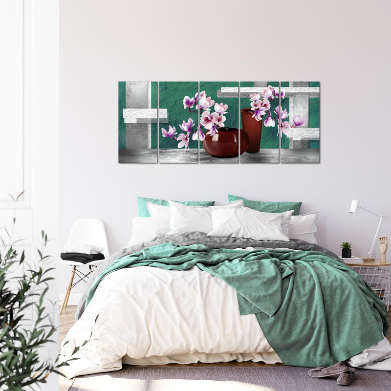 Runa Art Wandbild XXL Blumen Abstrakt Wohnzimmer Schlafzimmer 200 x 80 cm Türkis Grau 5 Teilig - Made in Germany - 035255b