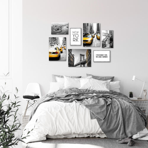 Novart Wandbilder New York City Taxi - KOMPLETT AUFHÄNGFERTIG - Gelb Grau Wohnzimmer Schlafzimmer - 7 Moderne Mood-Bilder - N006371a