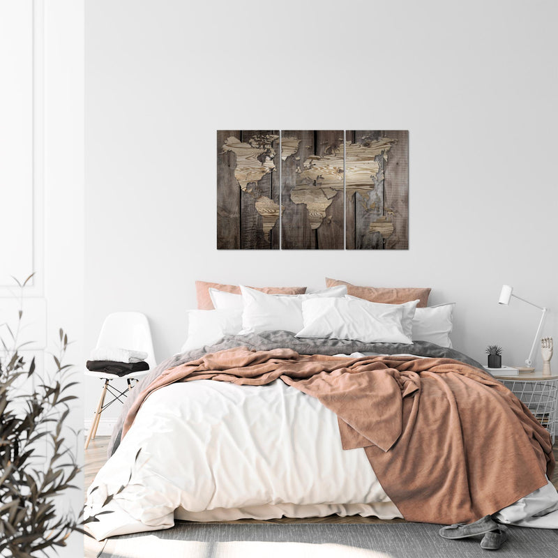 Runa Art Wandbilder Weltkarte Bild XXL Büro Wohnzimmer Beige Braun Holzoptik 120 x 80 cm 3 Teilig 035031b