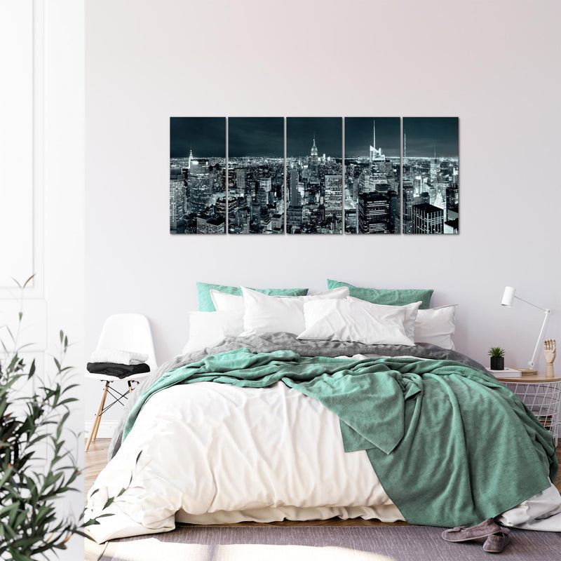 Runa Art Wandbild XXL New York Skyline Wohnzimmer Büro 200 x 80 cm Türkis Blau 5 Teilig - Made in Germany - 036255b