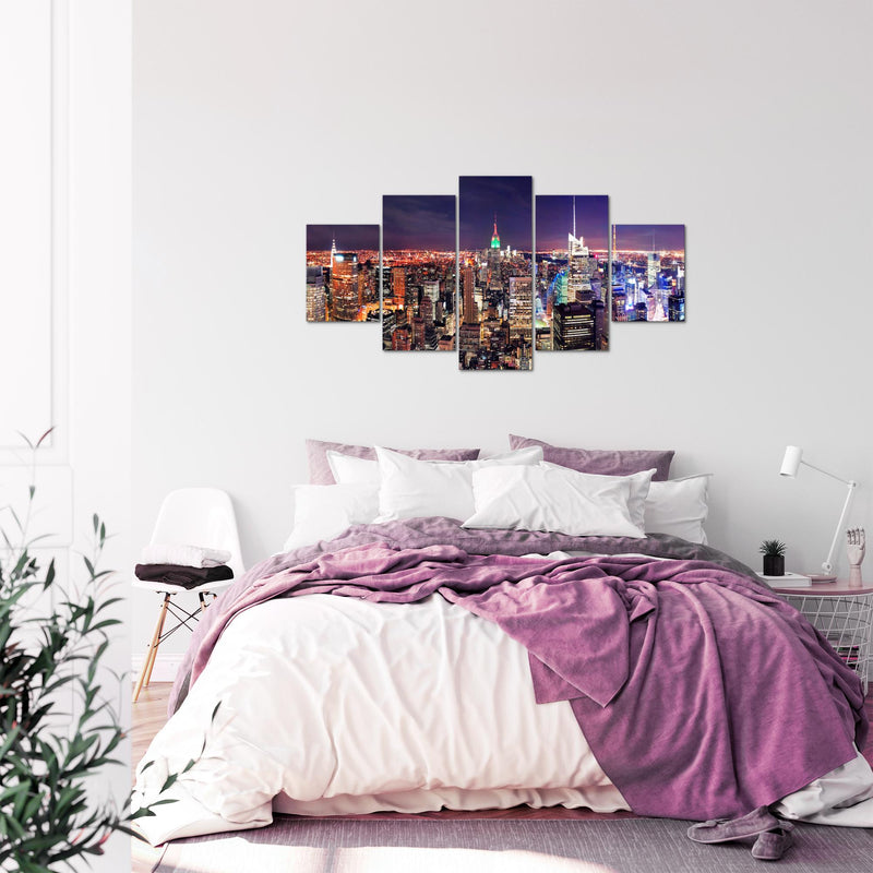 Runa Art Bild Wohnzimmer Büro New York Skyline 5 Teilig Städte Violett Lila Wandbilder auf Vlies Leinwand 036253a