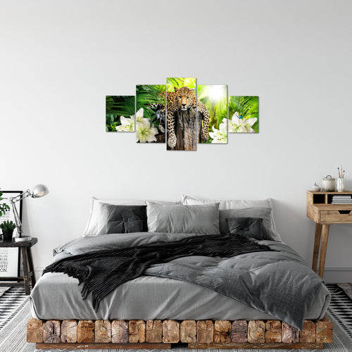 Runa Art Bild Wohnzimmer Schlafzimmer Afrika Leopard 5 Teilig Natur Savanne Grün Wandbilder auf Vlies Leinwand 006753a