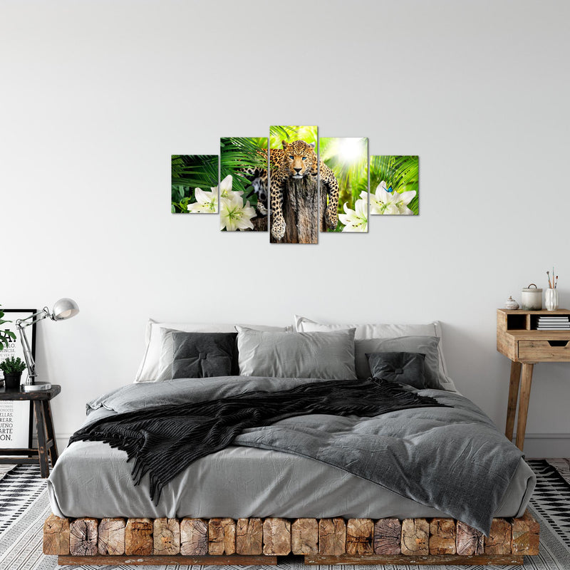 Runa Art Bild Wohnzimmer Schlafzimmer Afrika Leopard 5 Teilig Natur Savanne Grün Wandbilder auf Vlies Leinwand 006753a
