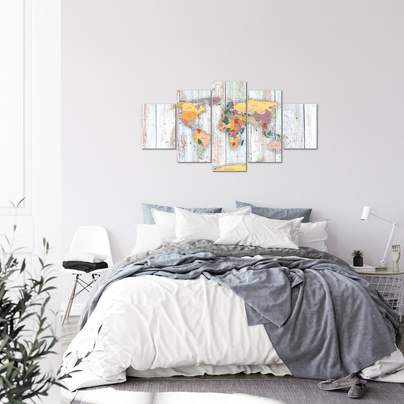Runa Art Bild Büro Wohnzimmer Weltkarte Holz 5 Teilig Landkarte Weiss Wandbilder auf Vlies Leinwand 108753b