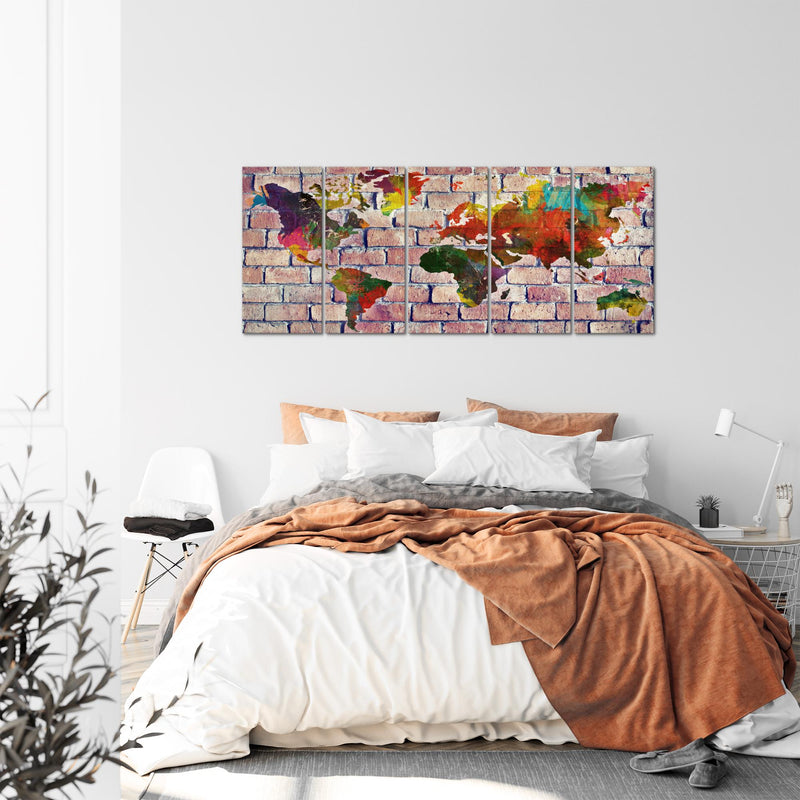 Runa Art Wandbild XXL Weltkarte Büro Wohnzimmer 200 x 80 cm Rot Bunt 5 Teilig - Made in Germany - 106955c
