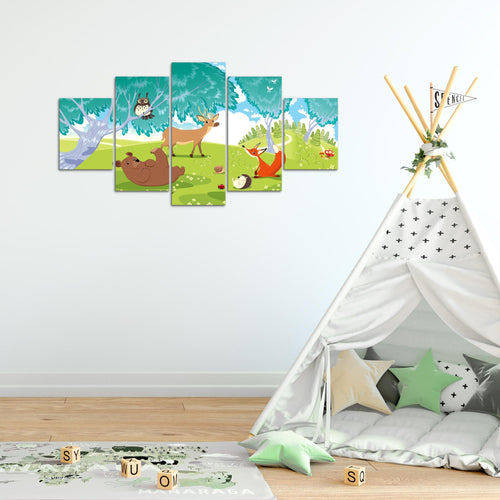 Runa Art Bild Spielzimmer Baby Waldtiere 5 Teilig Kinderzimmer Junge Mädchen Wandbilder auf Vlies Leinwand 001853c