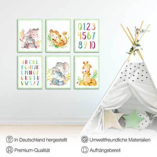 Novart Wandbilder - KEIN EXTRA RAHMEN BENÖTIGT - Kinderzimmer Mädchen Junge - Bilder Modern Afrika Tiere - ABC Grün - N021165a