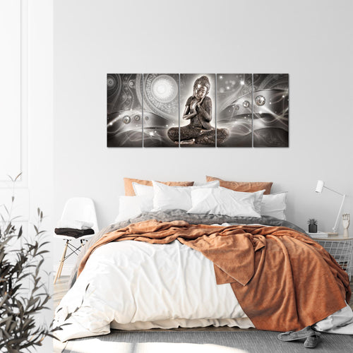 Runa Art Wandbild XXL Buddha Zen Wohnzimmer Schlafzimmer 200 x 80 cm Grau 5 Teilig - Made in Germany - 041655b