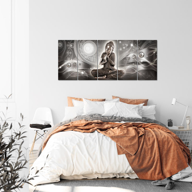 Runa Art Wandbild XXL Buddha Zen Wohnzimmer Schlafzimmer 200 x 80 cm Grau 5 Teilig - Made in Germany - 041655b