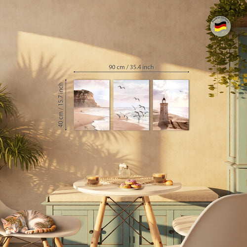 Novart Wandbilder Set Landschaft - KOMPLETT AUFHÄNGFERTIG - Wohnzimmer Schlafzimmer Büro Deko - 3 Moderne Bilder Küste - N040235a