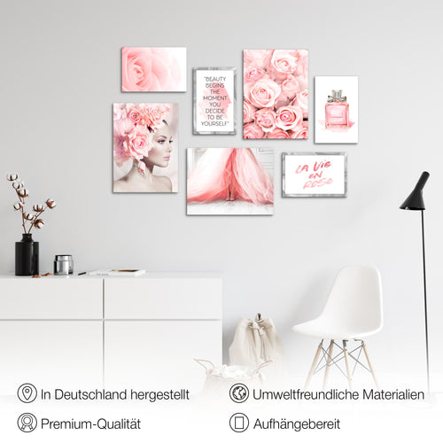 Novart Wandbilder Fashion - KOMPLETT AUFHÄNGFERTIG - Rosa Wohnzimmer Mädchen Teenager - 7 Moderne Mood-Bilder - N015871a
