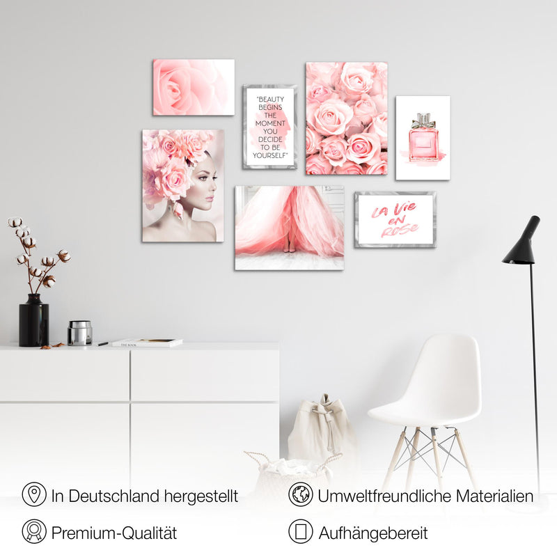 Novart Wandbilder Fashion - KOMPLETT AUFHÄNGFERTIG - Rosa Wohnzimmer Mädchen Teenager - 7 Moderne Mood-Bilder - N015871a