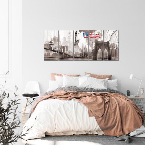 Runa Art Wandbild XXL New York Wohnzimmer Büro 200 x 80 cm Sepia Beige 5 Teilig - Made in Germany - 034755b