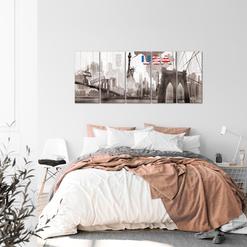 Runa Art Wandbild XXL New York Wohnzimmer Büro 200 x 80 cm Sepia Beige 5 Teilig - Made in Germany - 034755b