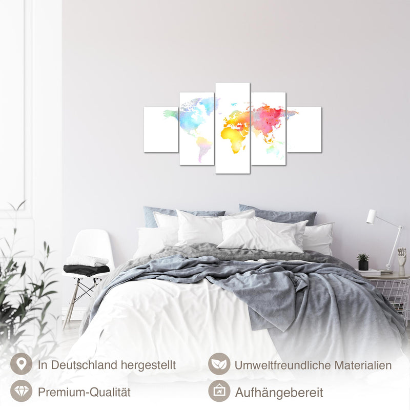 Runa Art Bild Wohnzimmer Schlafzimmer Büro Weltkarte 5 Teilig Bunt Weltkarte Farben Wandbilder auf Vlies Leinwand 057553a