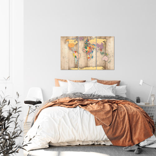 Runa Art Wandbilder Weltkarte Holz Bild XXL Büro Wohnzimmer Biege Kontinente 120 x 80 cm 3 Teilig 108731a