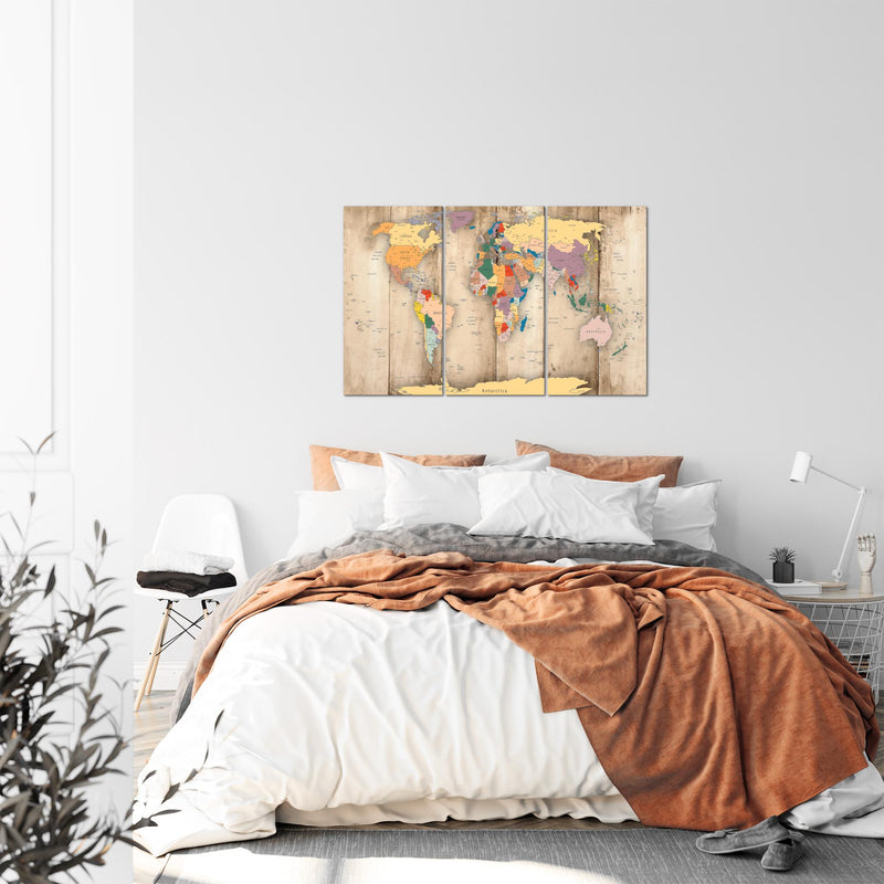 Runa Art Wandbilder Weltkarte Holz Bild XXL Büro Wohnzimmer Biege Kontinente 120 x 80 cm 3 Teilig 108731a