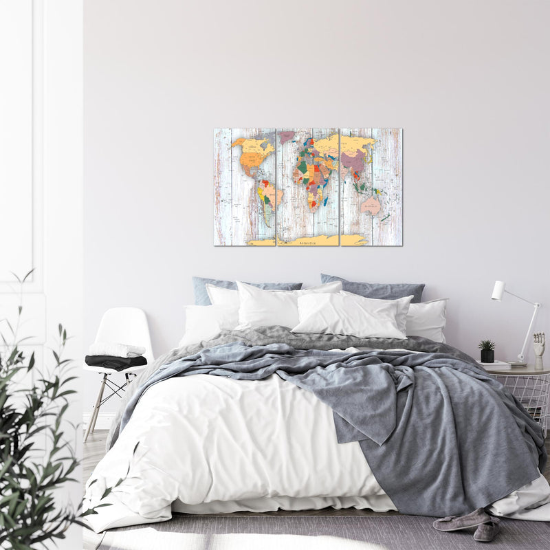 Runa Art Wandbilder Weltkarte Holz Bild XXL Büro Wohnzimmer Weiss Landkarte 120 x 80 cm 3 Teilig 108731b