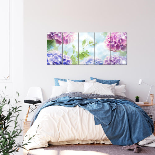Runa Art Wandbild XXL Blumen Hortensien Wohnzimmer Schlafzimmer 200 x 80 cm Blau 5 Teilig - Made in Germany - 017455a