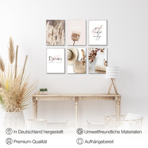Novart Wandbilder - KEIN EXTRA RAHMEN BENÖTIGT - Wohnzimmer Schlafzimmer - Bilder Modern Boho Pampasgras - Beige Rosa - N006665a