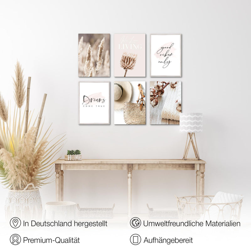 Novart Wandbilder - KEIN EXTRA RAHMEN BENÖTIGT - Wohnzimmer Schlafzimmer - Bilder Modern Boho Pampasgras - Beige Rosa - N006665a