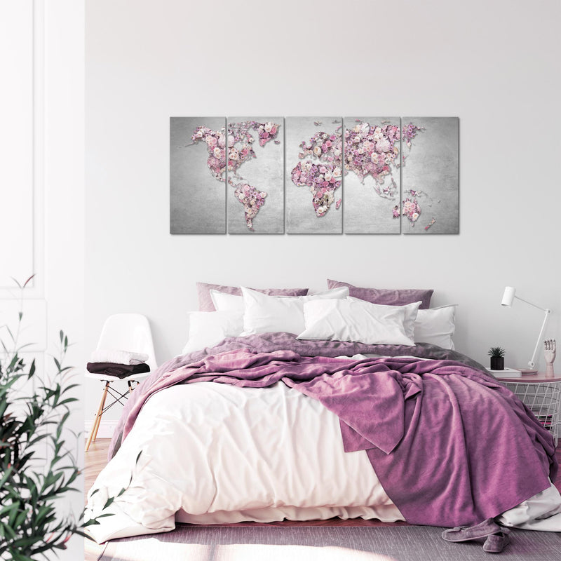 Runa Art Wandbild XXL Weltkarte Blumen Wohnzimmer Schlafzimmer 200 x 80 cm Grau Rosa 5 Teilig - Made in Germany - 023255a