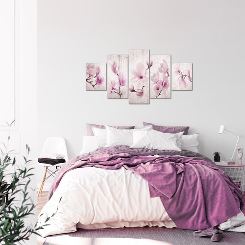 Runa Art Bild Wohnzimmer Schlafzimmer Blumen Magnolien 5 Teilig Abstrakt Grau Rosa Wandbilder auf Vlies Leinwand 007753b