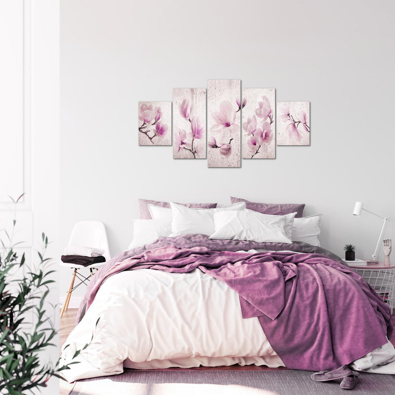 Runa Art Bild Wohnzimmer Schlafzimmer Blumen Magnolien 5 Teilig Abstrakt Grau Rosa Wandbilder auf Vlies Leinwand 007753b