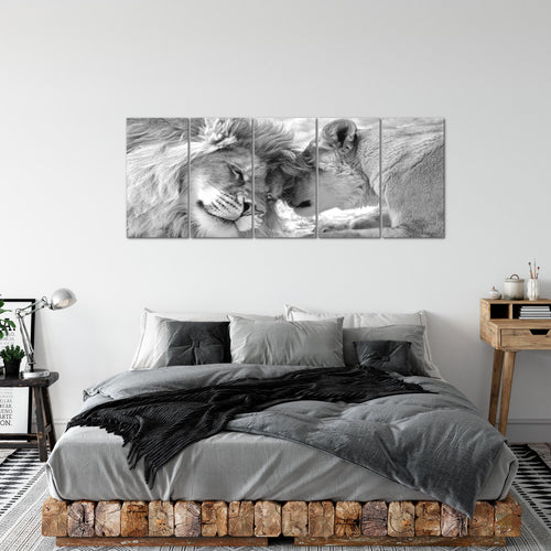 Runa Art Wandbild XXL Löwen Liebe Wohnzimmer Schlafzimmer 200 x 80 cm Schwarz Weiss 5 Teilig - Made in Germany - 002155c