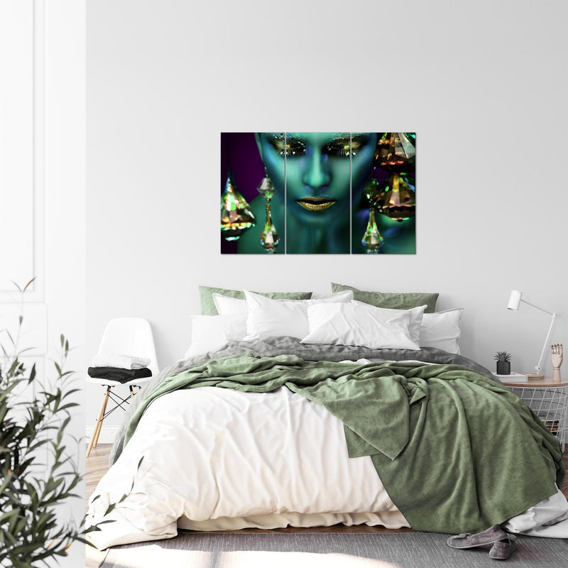 Runa Art Wandbilder Frau Gesicht Lippen Bild XXL Wohnzimmer Schlafzimmer Türkis Gold Kosmetik Fashion 120 x 80 cm 3 Teilig 042131a