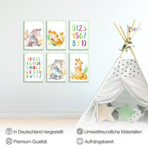 Novart Wandbilder Set Afrika Tiere - KOMPLETT AUFHÄNGFERTIG - Made in Germany - Moderne Bilder  Kinderzimmer Mädchen Junge - N021164a