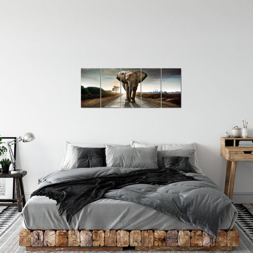 Runa Art Bild Afrika Elefant Wandbilder auf Vlies Leinwand 5 Teilig Wanddekoration Wohnzimmer Schlafzimmer 042656a